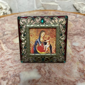 Vintage Small 2”x 2” image Enamel with green rhinestones Photo/Picture Frame ( no glass cover).Used condition.
