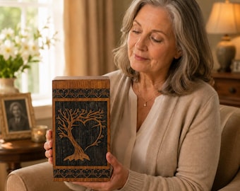 May include: A rectangular wooden cremation urn featuring a dark, textured central panel with a carved tree design where the branches form a heart shape. The urn is framed by lighter wood borders with a repeating decorative pattern at the top and bottom.