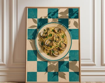Vongole Poster, Italian Food Wall Art, Pasta Kitchen Print, Spaghetti Clam Artwork, Mediterranean Restaurant Decor, Vintage Food Poster