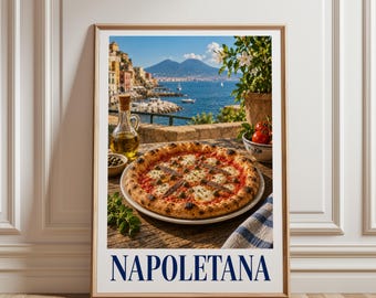 Napoletana Pizza Poster, Italian Food Wall Art, Pizza Kitchen Decor, Mediterranean Print, Vintage Italy Food Art, Pizzeria Decor