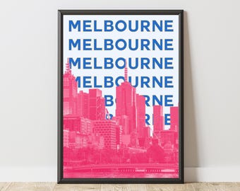 Póster de Melbourne, Arte mural del horizonte de Melbourne, Impresión de la ciudad de Australia, Póster estético de Melbourne en rosa y azul, Póster urbano moderno, Arte de Melbourne