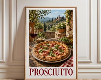 Prosciutto Pizza Poster, Italian Food Wall Art, Pizza Kitchen Decor, Mediterranean Print, Vintage Food Art, Pizzeria Wall Decor