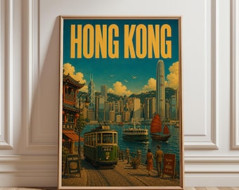 Hong Kong Poster, Hong Kong Wall Art, Hong Kong Skyline Print, Travel Poster, Vintage City Decor