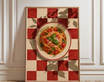 Italian Pasta Poster, Tomato Spaghetti Wall Art, Vintage Kitchen Print, Mediterranean Food Decor, Retro Pasta Poster