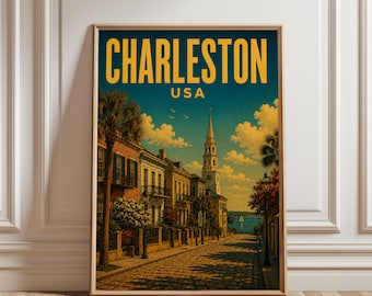 Charleston Poster, Vintage Travel Print, Coastal Cityscape Illustration, South Carolina Decor, Aesthetic Beach Wall Art