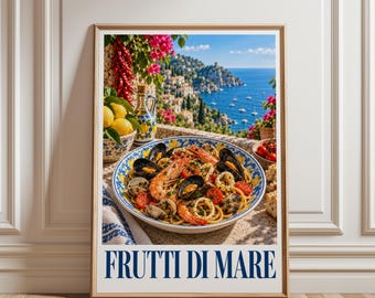 Seafood Pasta Poster, Italian Food Wall Art, Mediterranean Kitchen Decor, Coastal Food Print, Pasta Lover Gift, Restaurant Decor
