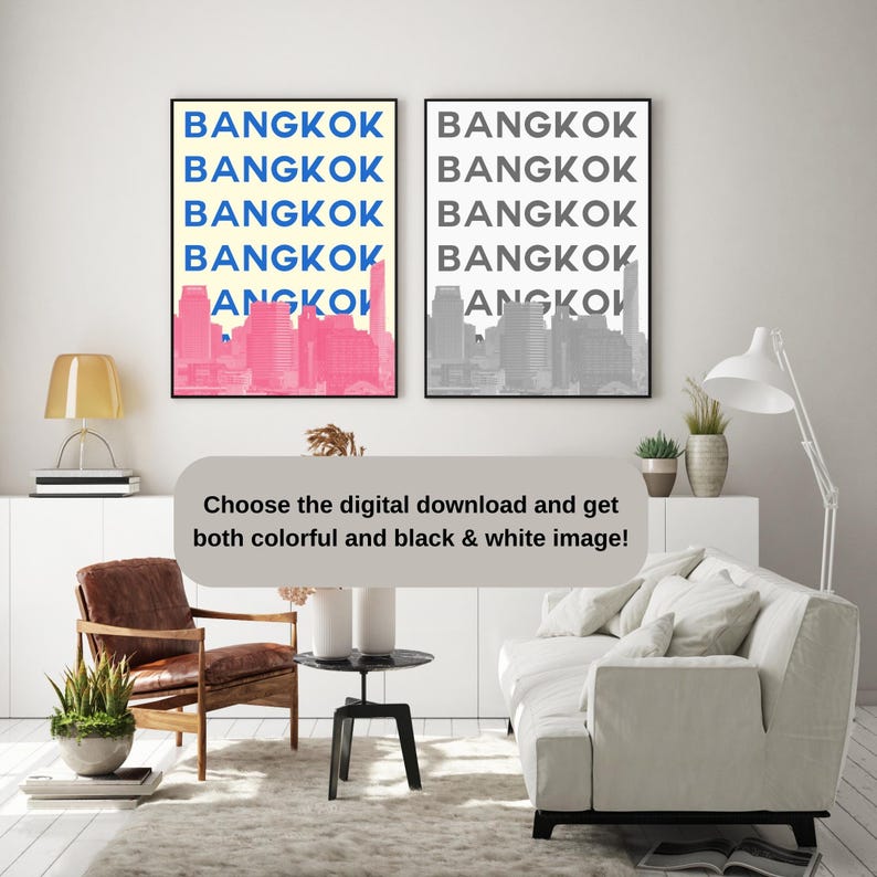 Póster de Bangkok, Arte mural del horizonte de Bangkok, Impresión de la ciudad de Tailandia, Póster estético de Bangkok en rosa y azul, Póster urbano moderno, Obra de arte de Bangkok imagen 3