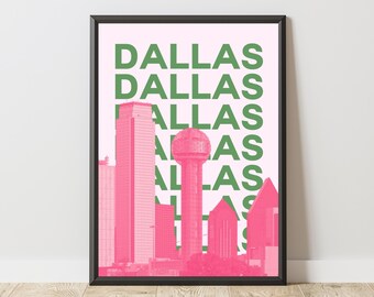 Póster de Dallas, Arte mural del horizonte de Dallas, Impresión de la ciudad de Texas, Póster urbano de estética rosa, Decoración mural de viaje moderna, Obra de arte de Dallas, Texas
