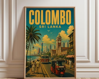 Colombo Poster, Sri Lanka Beach Print, Tropical Coastal Cityscape, Vintage Travel Poster, Ocean Decor Palm Tree Art