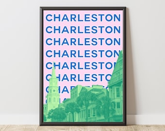 Póster de Charleston, Arte mural de Charleston, Lámina de la ciudad de Charleston, Póster estético rosa y verde de Charleston, Póster histórico de la ciudad, Arte de Charleston