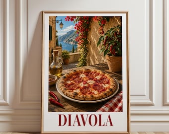 Diavola Pizza Poster, Italian Food Wall Art, Pizza Kitchen Decor, Spicy Pizza Print, Mediterranean Wall Art, Restaurant Decor