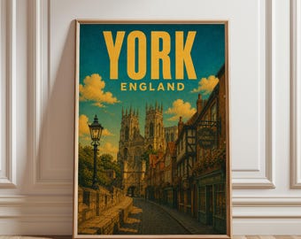 York Poster, England Street Print, Historic Cityscape Illustration, British Architecture Decor, Vintage Travel Poster
