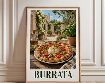 Burrata Pizza Poster, Italian Food Wall Art, Pizza Kitchen Decor, Mediterranean Print, Vintage Food Art, Pizzeria Wall Decor