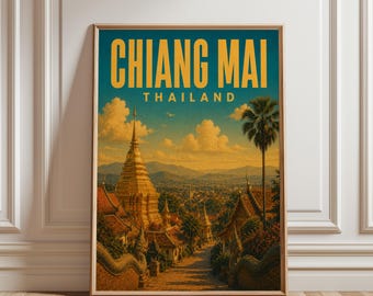 Chiang Mai Travel Poster, Chiang Mai Wall Art, Thailand Print, Vintage Thailand Poster, Temple Decor, Asia Travel Art