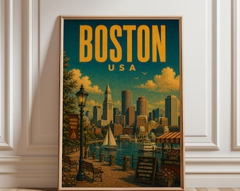 Boston Poster, Vintage Boston Wall Art, City Skyline Print, Historic Waterfront Decor Massachusetts
