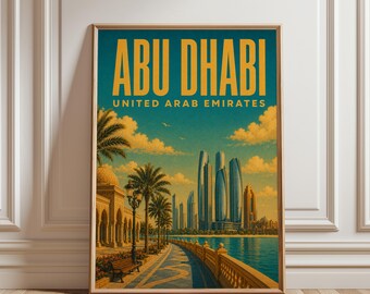 Abu Dhabi Travel Poster, Abu Dhabi Wall Art, UAE Print, Abu Dhabi Print, Skyline Decor, Vintage Travel Art