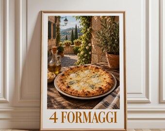 Four Cheese Pizza Poster, Italian Food Wall Art, Pizza Kitchen Decor, Mediterranean Print, Vintage Food Art, Restaurant Decor