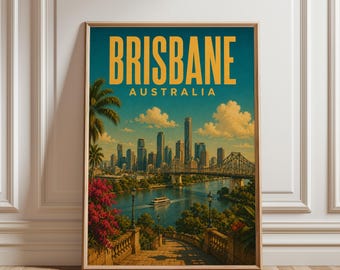 Brisbane Poster, Australia Wall Art, Brisbane Skyline Print, Vintage Travel Poster, Queensland Cityscape Artwork
