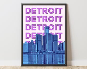 Póster de Detroit, Arte mural del horizonte de Detroit, Lámina de la ciudad de Detroit, Póster de Detroit con estética púrpura, Póster urbano moderno, Obra de arte de Detroit