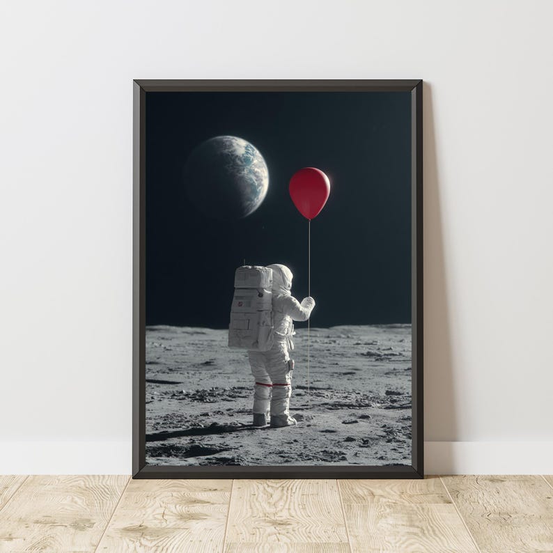 Astronaut Moon Poster, Space Wall Art, Surreal Balloon Print, Cosmic ...