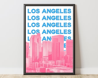 Póster de Los Ángeles, Arte mural del horizonte de Los Ángeles, Impresión de la ciudad de Los Ángeles, Póster estético rosa y azul de Los Ángeles, Póster urbano moderno, Obra de arte de Los Ángeles