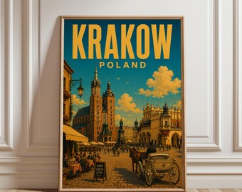 Krakow Poster, Poland Cityscape Print, European Travel Poster, Historic Old Town Street, Vintage Architecture Decor