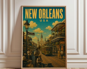 New Orleans Poster, Vintage Travel Print, Cityscape Illustration, Louisiana Decor, Aesthetic Skyline Wall Art