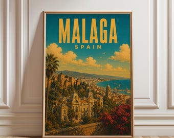 Malaga Poster, Malaga Wall Art, Malaga Travel Poster, Spain Print, Vintage Spain Decor, Cityscape Art