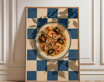 Italian Food Poster, Frutti di Mare Wall Art, Seafood Pasta Print, Mediterranean Kitchen Decor, Vintage Food Poster