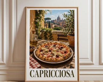 Capricciosa Pizza Poster, Italian Food Wall Art, Pizza Kitchen Decor, Mediterranean Print, Vintage Food Art, Pizzeria Wall Decor