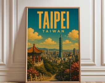 Taipei Poster, Taipei Wall Art, Taipei Print, Taiwan Travel Poster, Vintage Cityscape Decor, Taiwan Artwork
