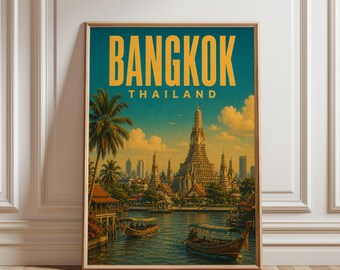 Bangkok Travel Poster, Bangkok Wall Art, Thailand Print, Vintage Thailand Poster, Bangkok Skyline, Temple Decor, Asia Art