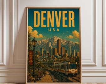 Denver Poster, Denver Travel Print, Vintage City Skyline Wall Art, Mountains Landscape Decor
