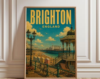 Brighton Poster, England Coastal Wall Art, Brighton Pier Print, UK Beach Travel Poster, Seaside Landscape Art, Vintage Style Decor