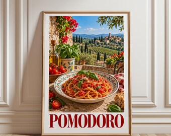Pomodoro Pasta Poster, Italian Food Wall Art, Pasta Kitchen Decor, Mediterranean Food Print, Tomato Pasta Art, Restaurant Decor