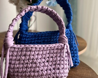 Handmade Crochet Tote Bag, Blue & Purple Boho Style