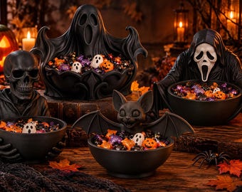 Halloween Candy Bowl, 3D Printed Spooky Ghost Skeleton & Bat Trick or Treat Decor
