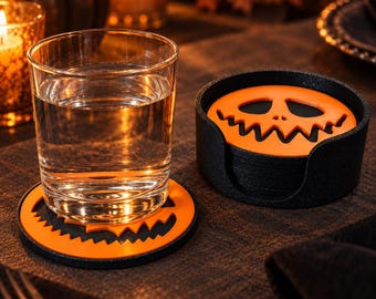 Spooky Pumpkin Face Coasters Set, Halloween Table Decor (6 Pack + Holder)