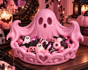 Halloween Candy Bowl, Pink Ghost Trick or Treat Decor, 3D Printed