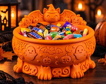 Halloween Candy Bowl, 3D Printed Witch Cat Trick or Treat Decor