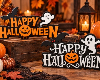 Happy Halloween Sign, 3D Printed Freestanding Tabletop Decor, Ghost Pumpkin Bat Shelf Decoration
