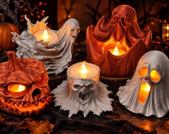 Halloween Tea Light Candle Holder, Spooky Ghost, Skull & Pumpkin LED Candle Decor