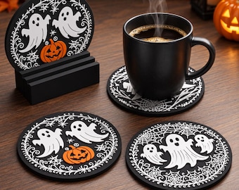 Halloween Ghost Coasters Set with Holder, Spooky Black White Drink Coasters