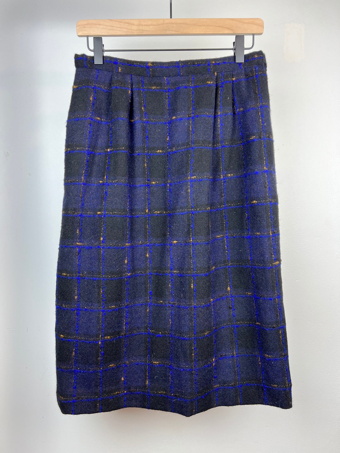 Vintage 90s Blue & Black Plaid Wool A-line Skirt 8 10