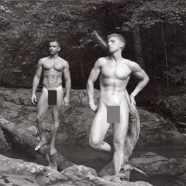 ER65 Hiking (B&W print, Two Young Nude Male Hikers Stopping in a Mountain Clearing) [logo not on print]