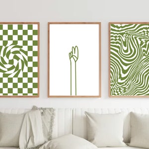 Retro Peace Wall Art Downloadable art, Digital Download, Green checkered Decor, set of 3 Downloadable Prints, Printable Art