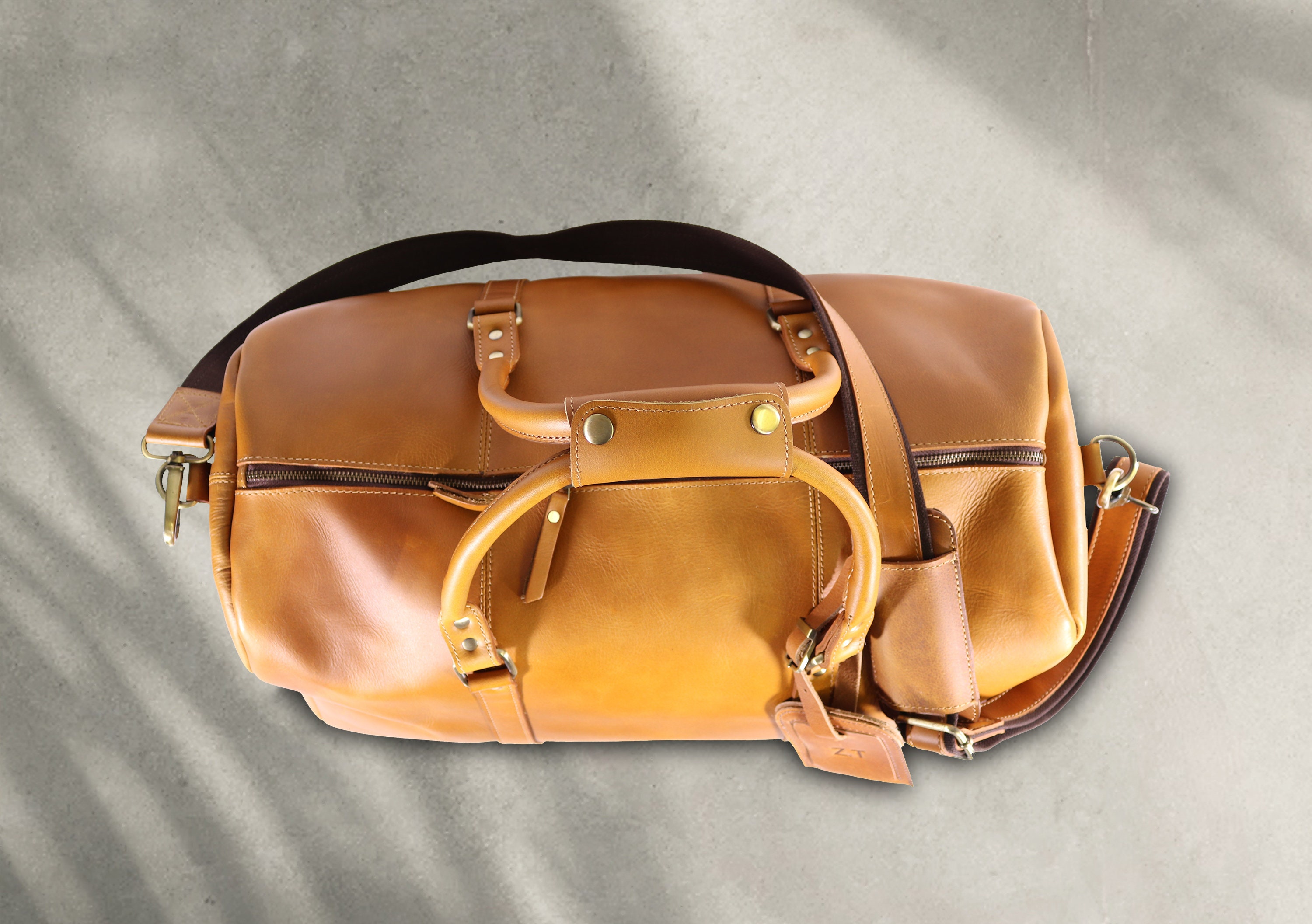 Full Grain Leather Duffle Bag Custom Name Engraved Travel Luggage