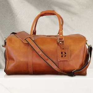 Full Grain Leather Duffle Bag - Custom Name Engraved Travel Luggage - Personalized Gift Christmas Gift - Anniversary Gift for Him