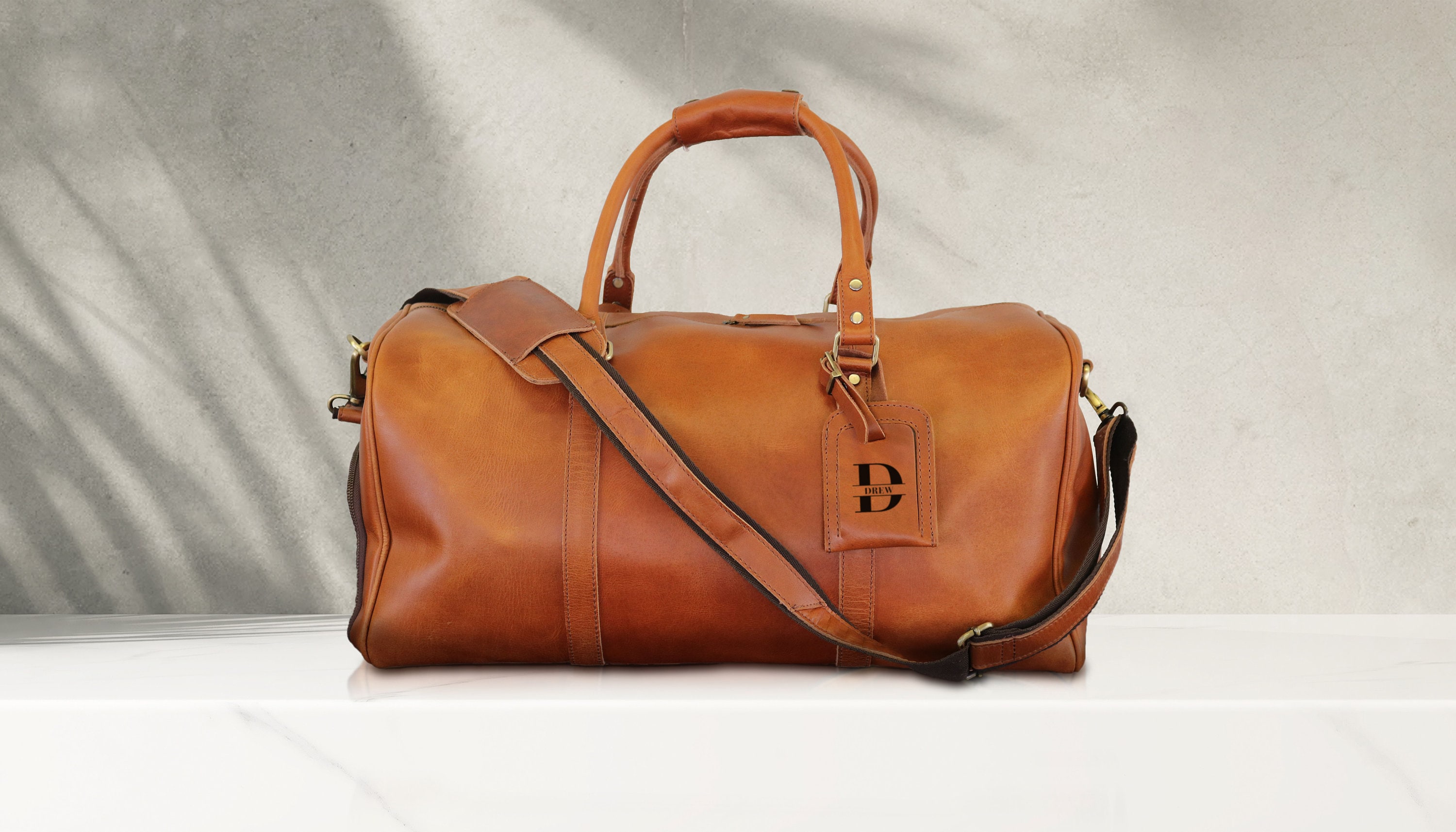 Full Grain Leather Duffle Bag Custom Name Engraved Travel Luggage