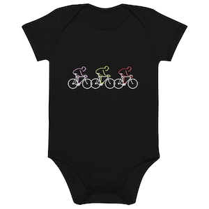 Le Grand Tours Cyclist gift for baby, Organic cotton baby bodysuit, Tour de France baby, black babygro with bicycle